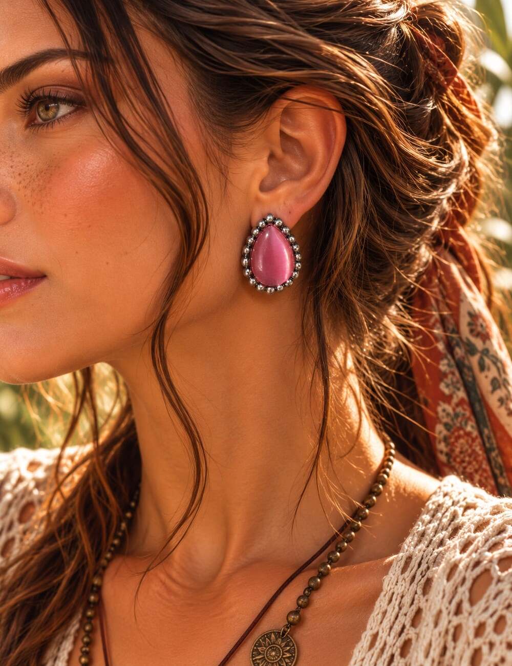 Vtg Pink Cat Eye Teardrop Stud Earrings Silver Tone Beaded Halo Boho Statement